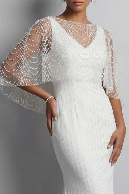 White Mermaid Backless Long Mother of the Brides Dress with Cape