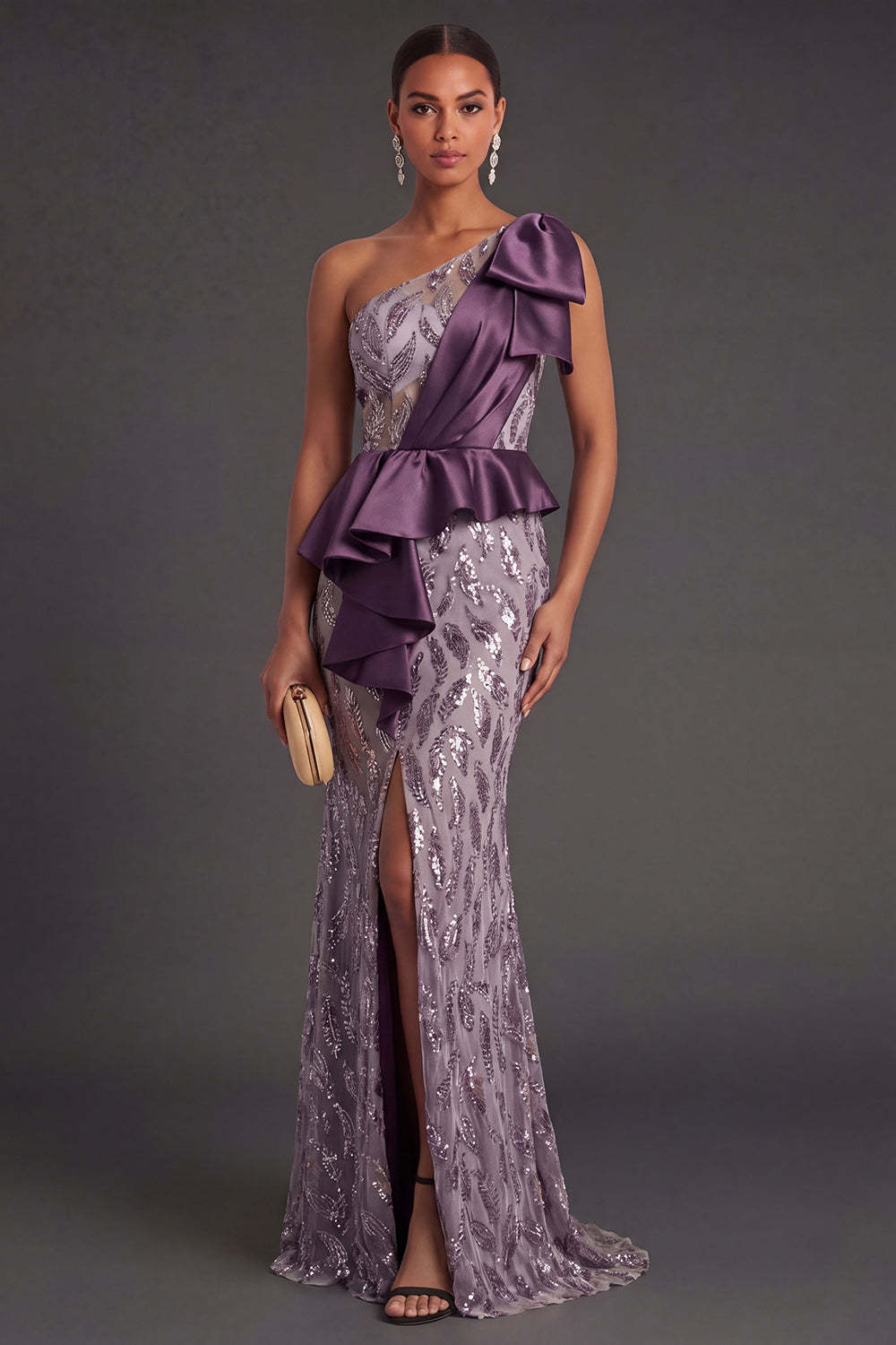 Leely Women Appliqued Mermaid Purple Long Formal Dress with Slit Backless Ruffled Evening Dress
