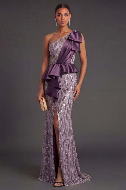 Leely Women Appliqued Mermaid Purple Long Formal Dress with Slit Backless Ruffled Evening Dress