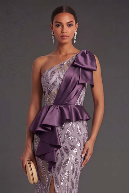 Appliqued Mermaid Purple Long Formal Dress with Slit