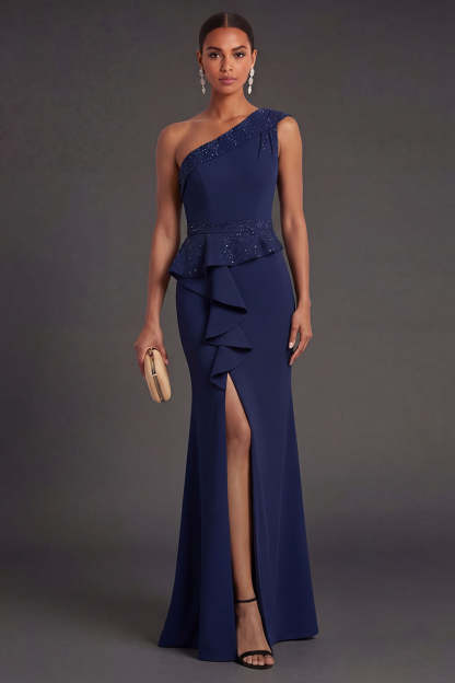 Leely Women Sparkly Navy Mermaid One Shoulder Long Formal Dress with Slit Backless Sleeveless Wedding Guest Dress