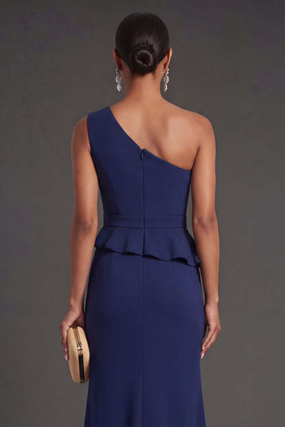Sparkly Navy Mermaid One Shoulder Long Formal Dress with Slit