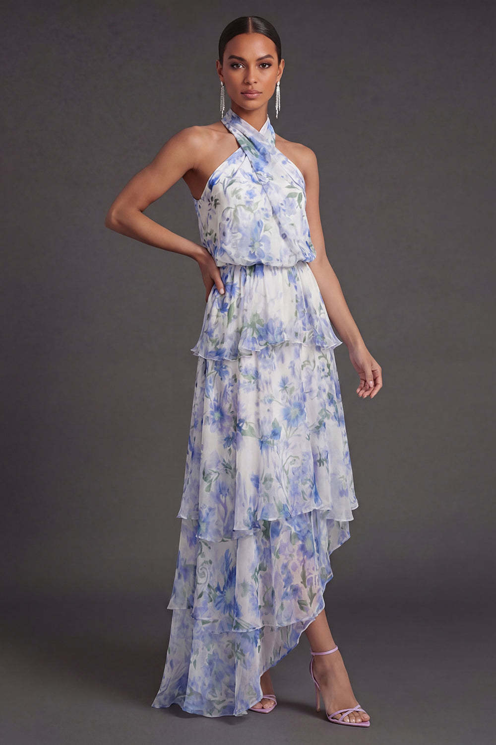 Leely Women Light Blue Floral Tiered Halter Neck Long Wedding Guest Dress Backless Sleeveless Ruffled Garden Party Dress