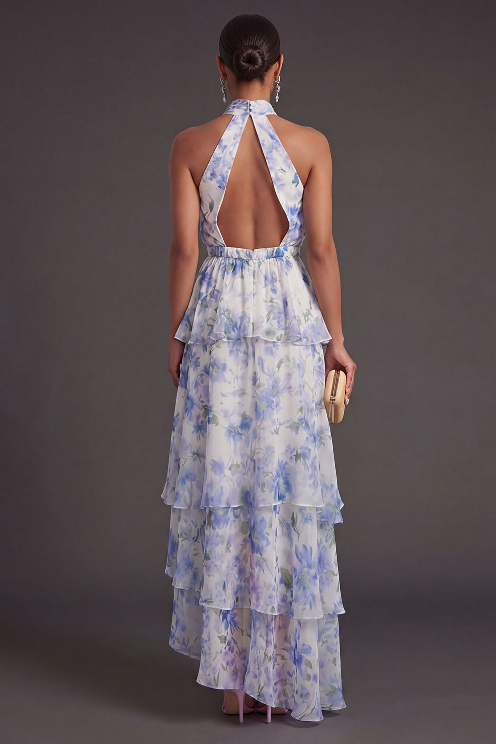 Light Blue Floral Tiered Halter Neck Long Wedding Guest Dress