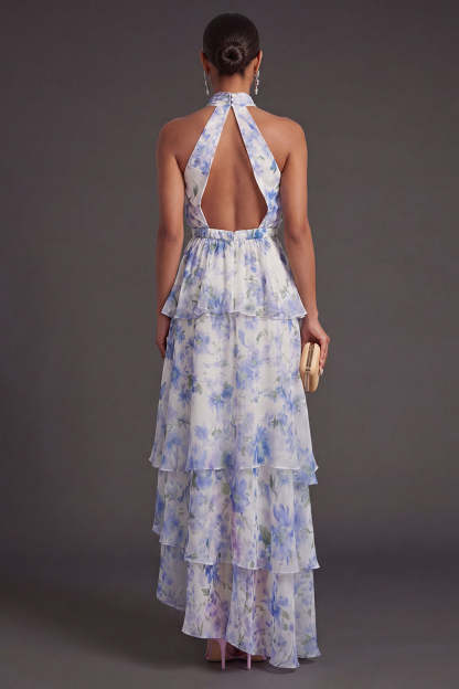Light Blue Floral Tiered Halter Neck Long Wedding Guest Dress