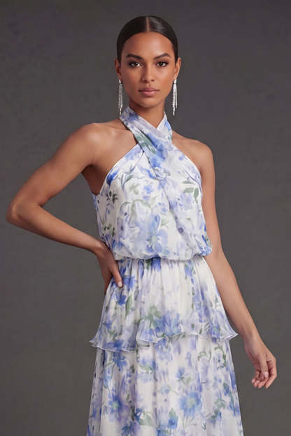 Light Blue Floral Tiered Halter Neck Long Wedding Guest Dress