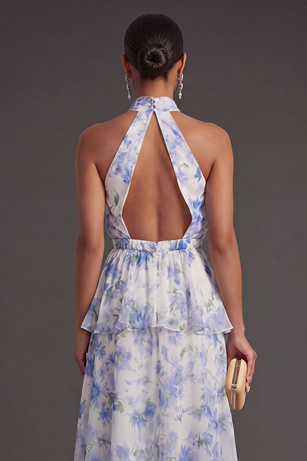 Light Blue Floral Tiered Halter Neck Long Wedding Guest Dress