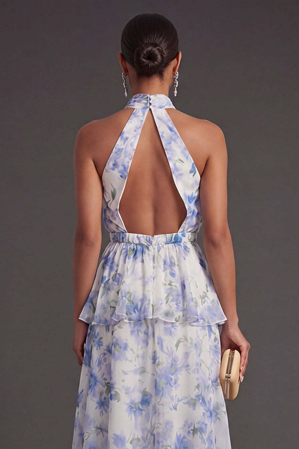 Light Blue Floral Tiered Halter Neck Long Wedding Guest Dress