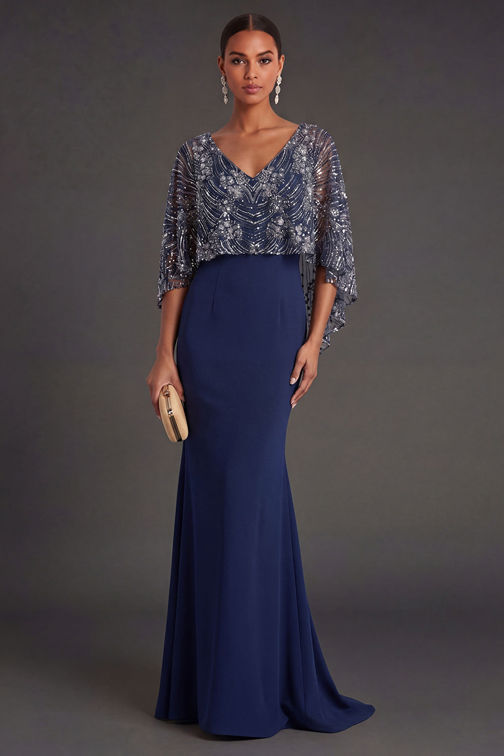 Navy Mermaid V Neck Sleeveless Long Formal Dress with Cape