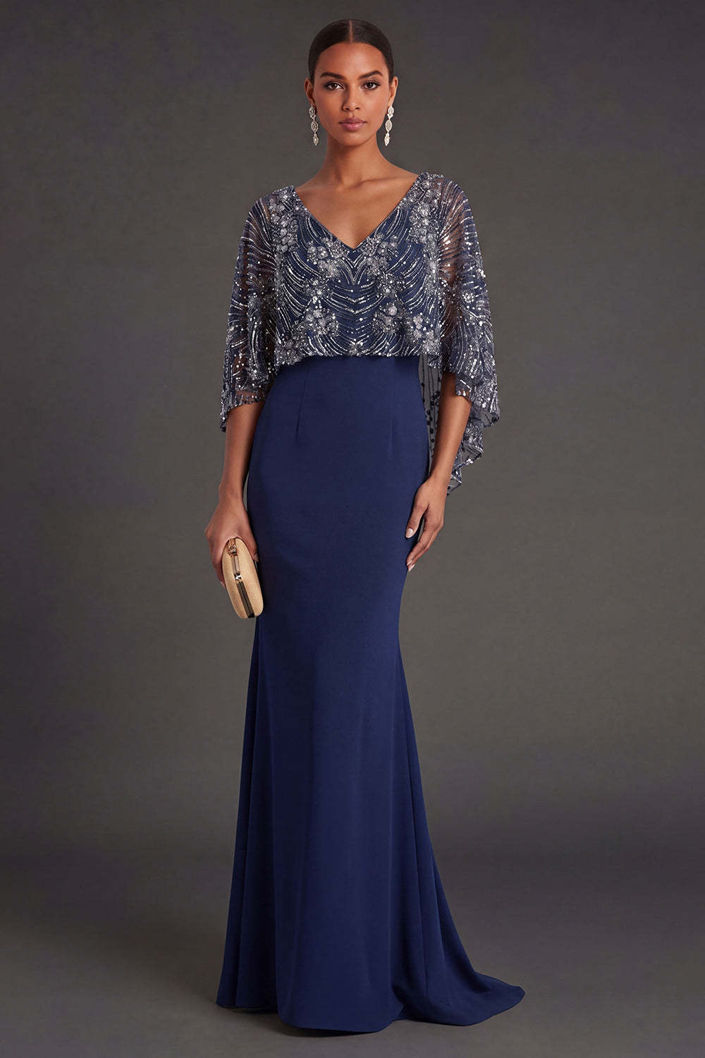 Leely Women Navy Mermaid Long Formal Dress with Cape V Neck Sleeveless Evening Dress