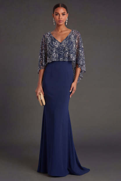 Leely Women Navy Mermaid Long Formal Dress with Cape V Neck Sleeveless Evening Dress