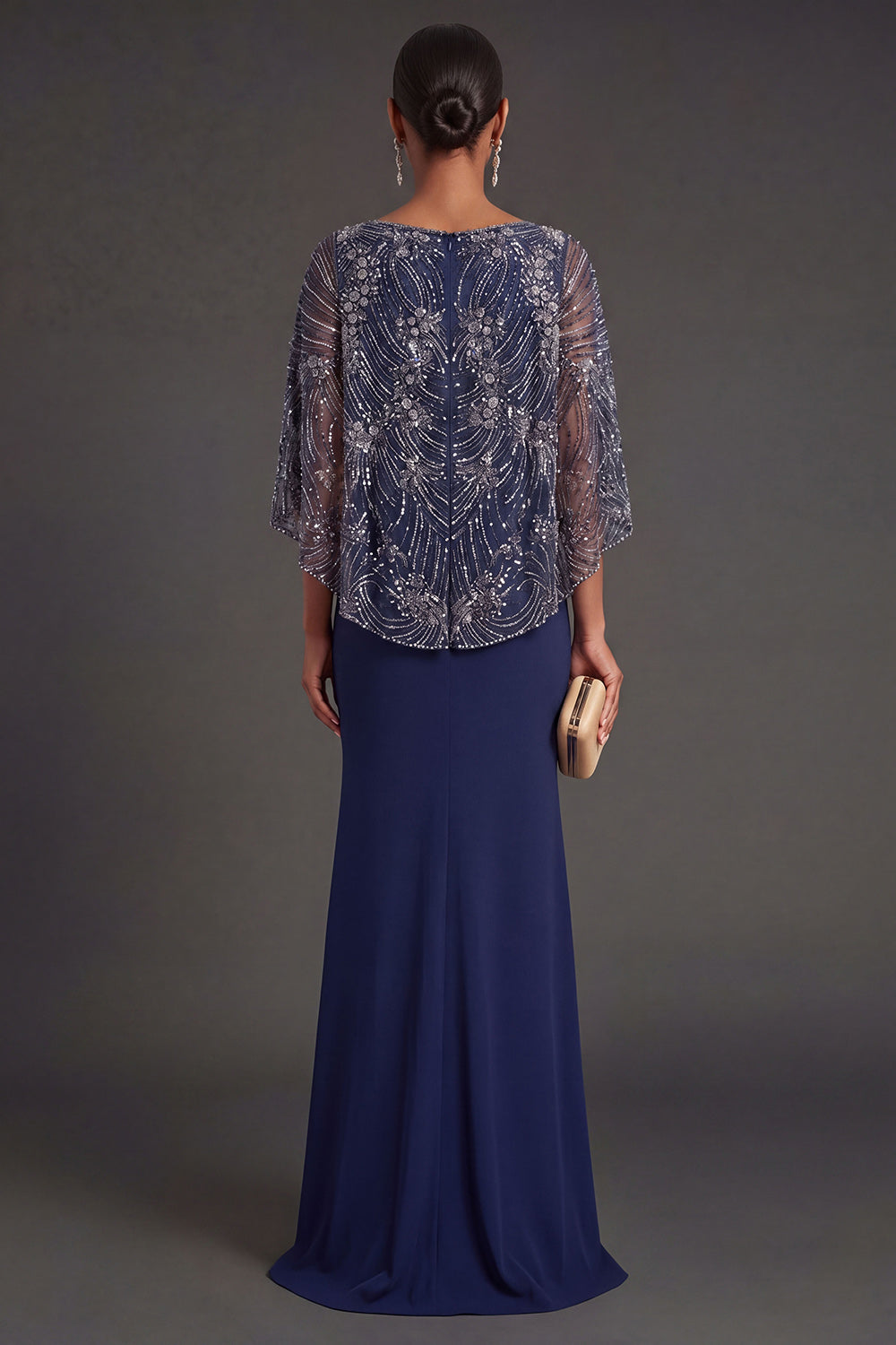 Navy Mermaid V Neck Sleeveless Long Formal Dress with Cape