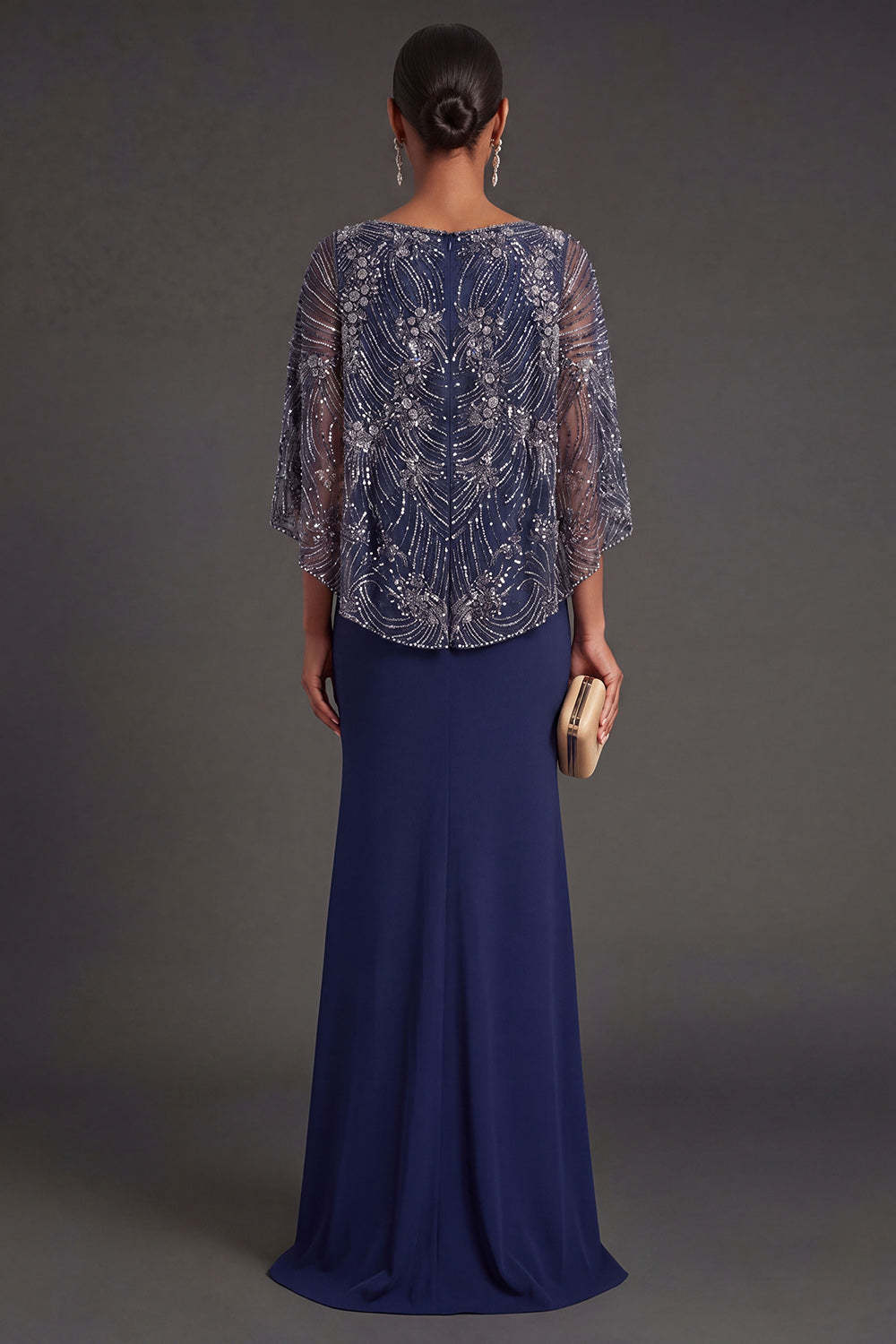 Navy Mermaid V Neck Sleeveless Long Formal Dress with Cape