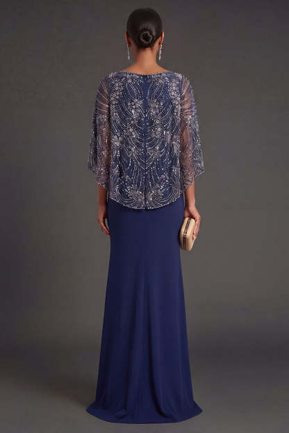 Navy Mermaid V Neck Sleeveless Long Formal Dress with Cape