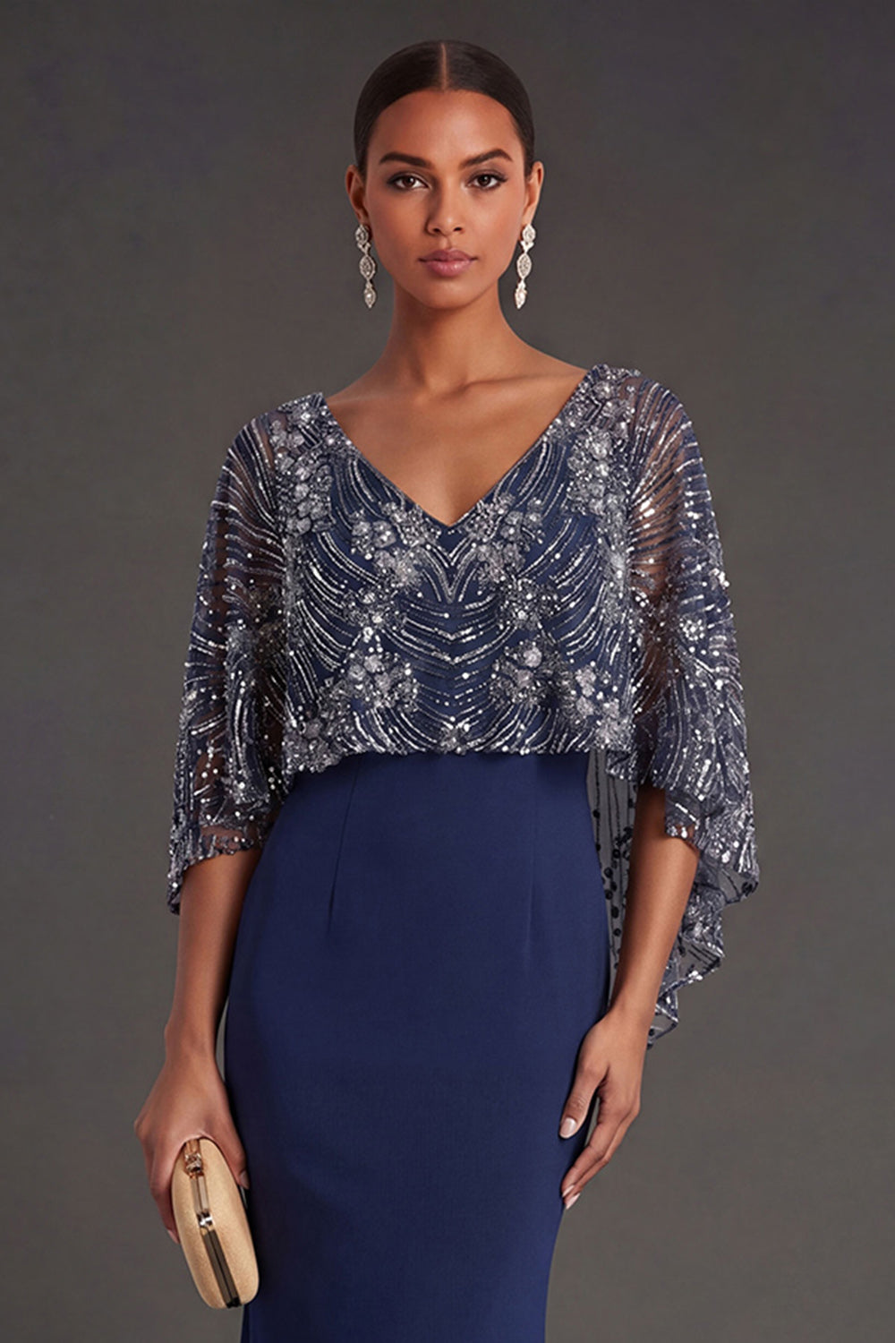 Navy Mermaid V Neck Sleeveless Long Formal Dress with Cape