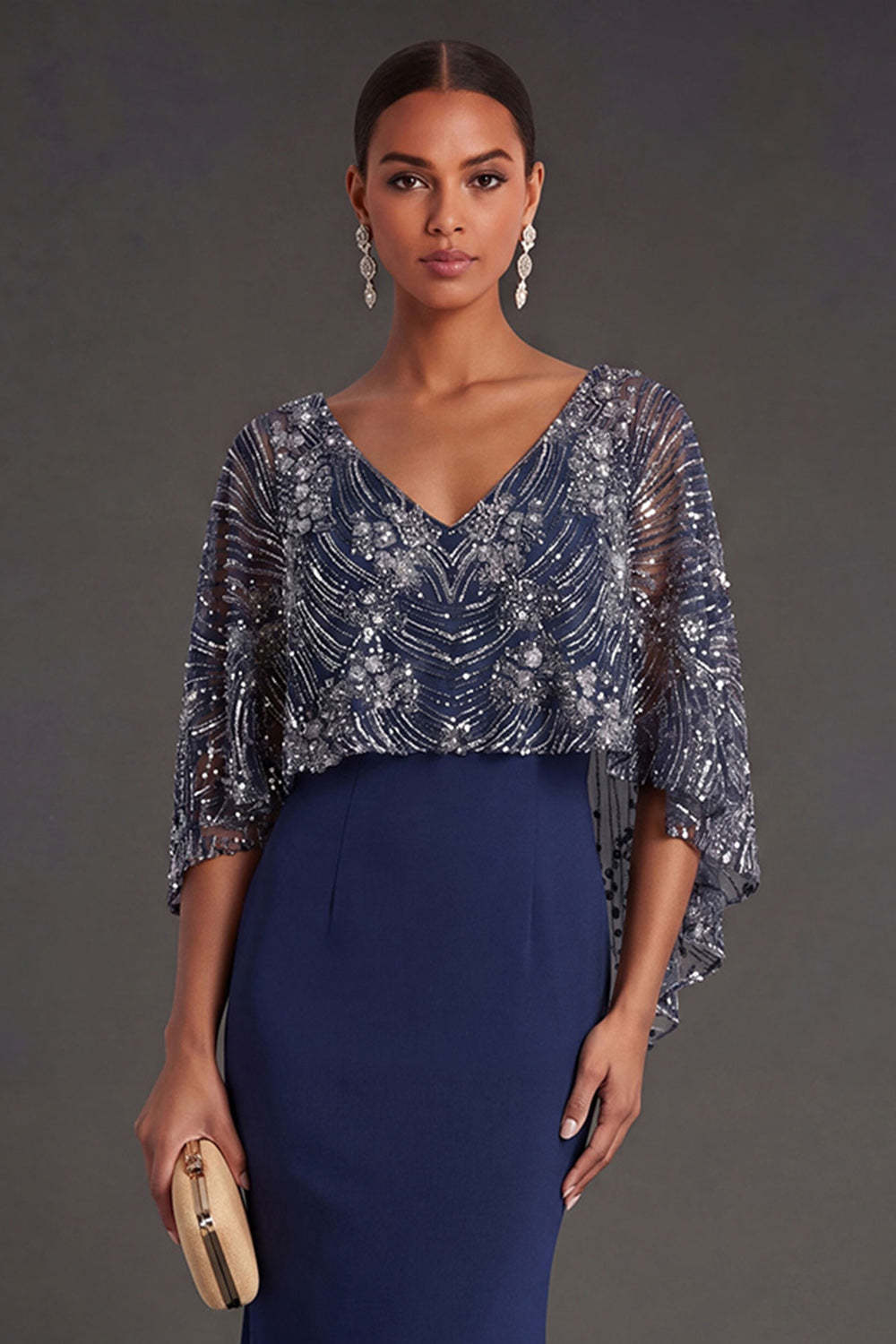 Navy Mermaid V Neck Sleeveless Long Formal Dress with Cape