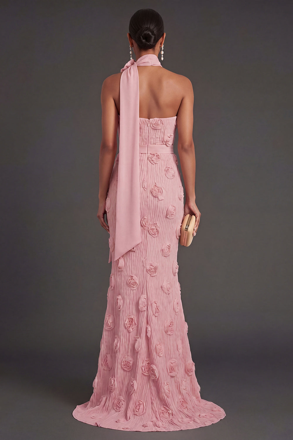 Pink Floral Mermaid Appliqued Strapless Long Formal Dress