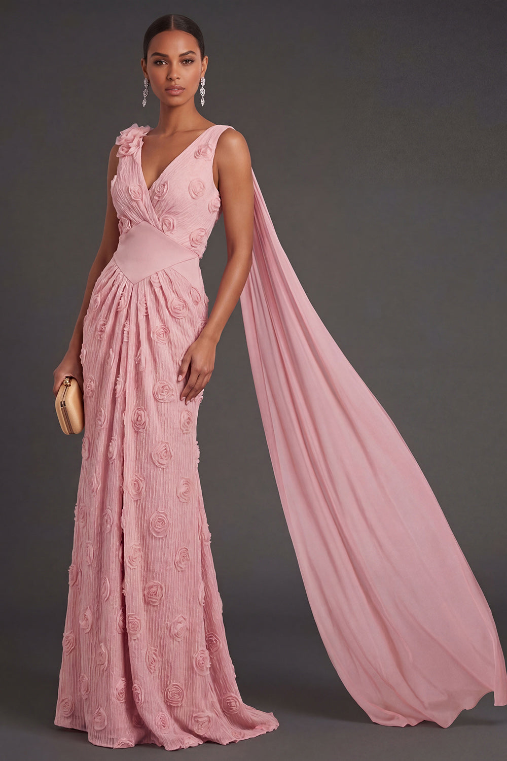 V Neck Pink Floral Mermaid Appliqued Long Formal Dress with Cape