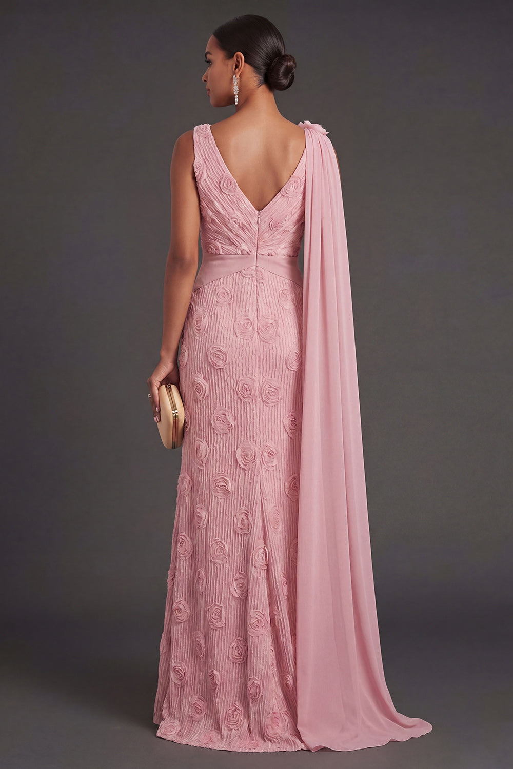 V Neck Pink Floral Mermaid Appliqued Long Formal Dress with Cape
