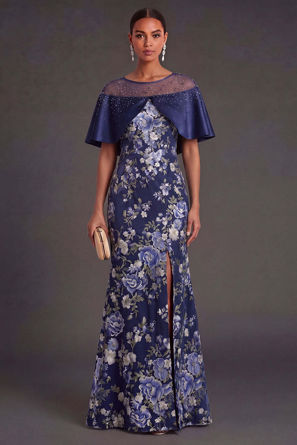Leely Women Floral Navy Mermaid Long Formal Dress with Slit Illusion Neck Satin Sleeveless Wedding Guest Dress