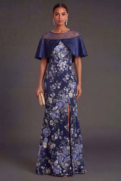 Leely Women Floral Navy Mermaid Long Formal Dress with Slit Illusion Neck Satin Sleeveless Wedding Guest Dress