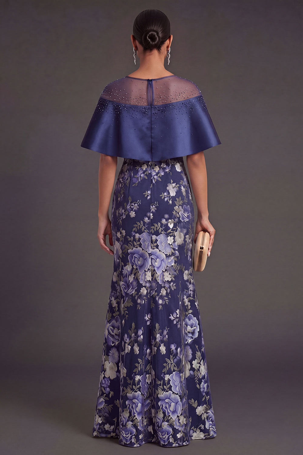 Floral Navy Mermaid Illusion Neck Long Formal Dress with Slit