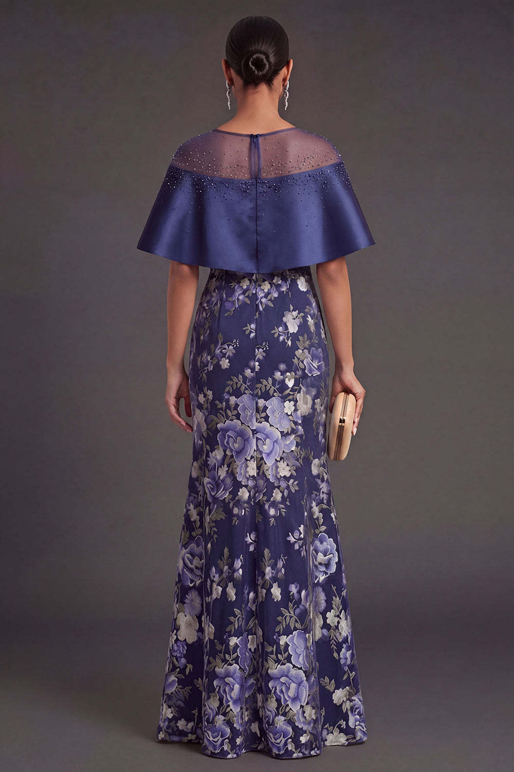 Floral Navy Mermaid Illusion Neck Long Formal Dress with Slit