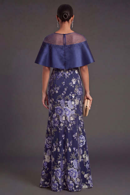 Floral Navy Mermaid Illusion Neck Long Formal Dress with Slit