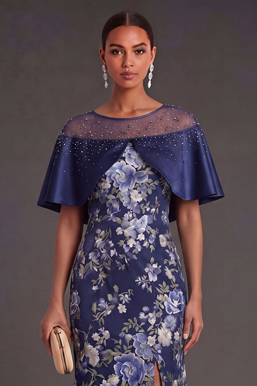 Floral Navy Mermaid Illusion Neck Long Formal Dress with Slit