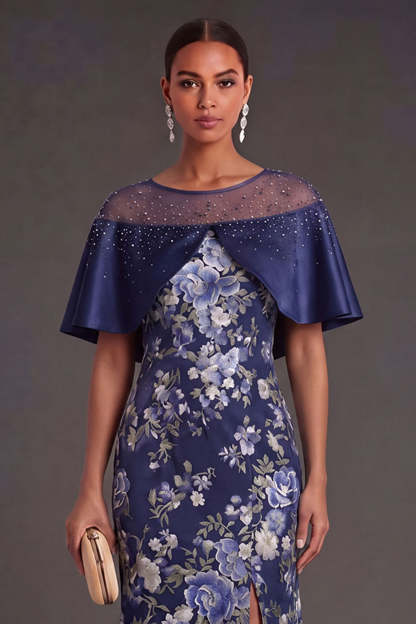Floral Navy Mermaid Illusion Neck Long Formal Dress with Slit