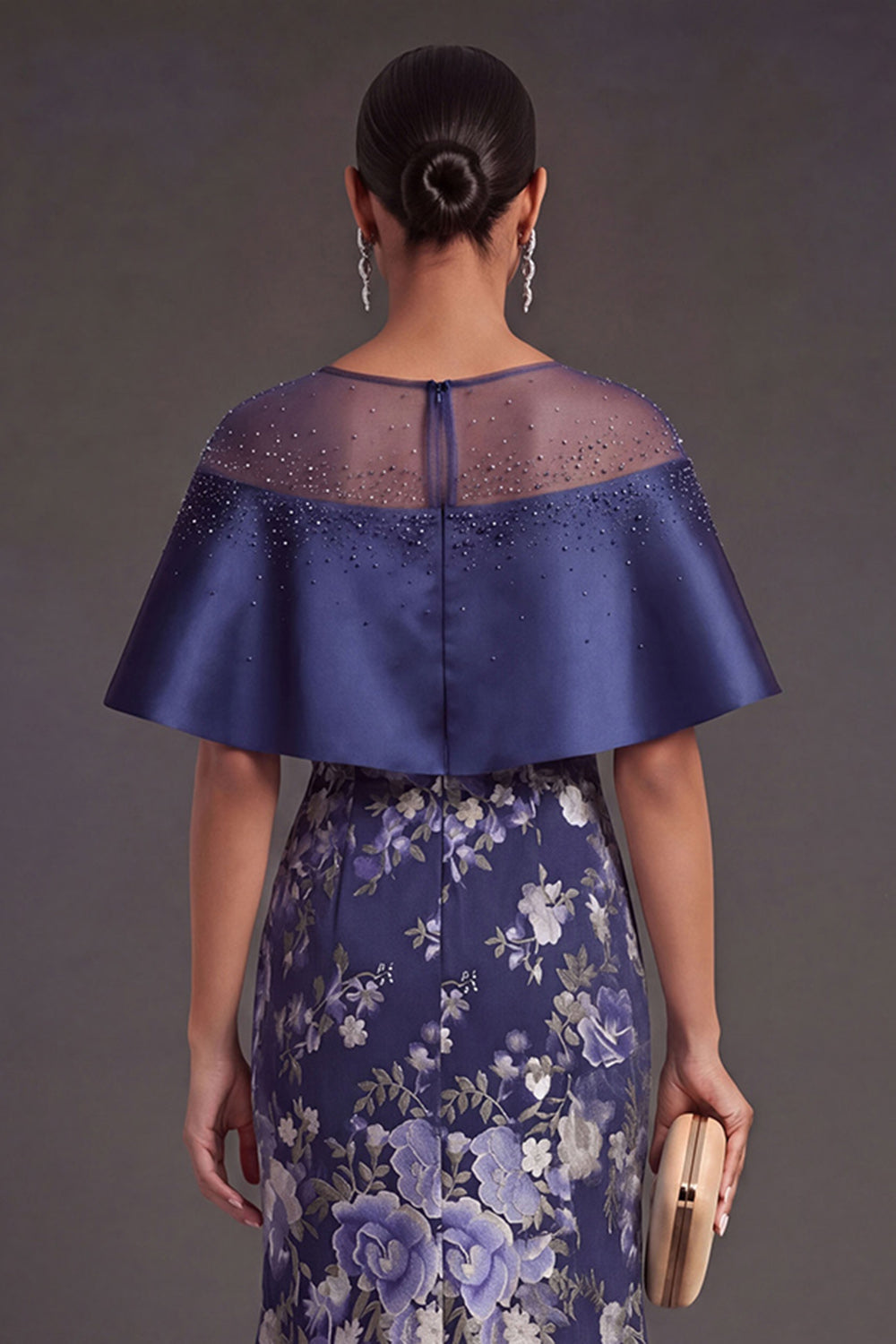 Floral Navy Mermaid Illusion Neck Long Formal Dress with Slit