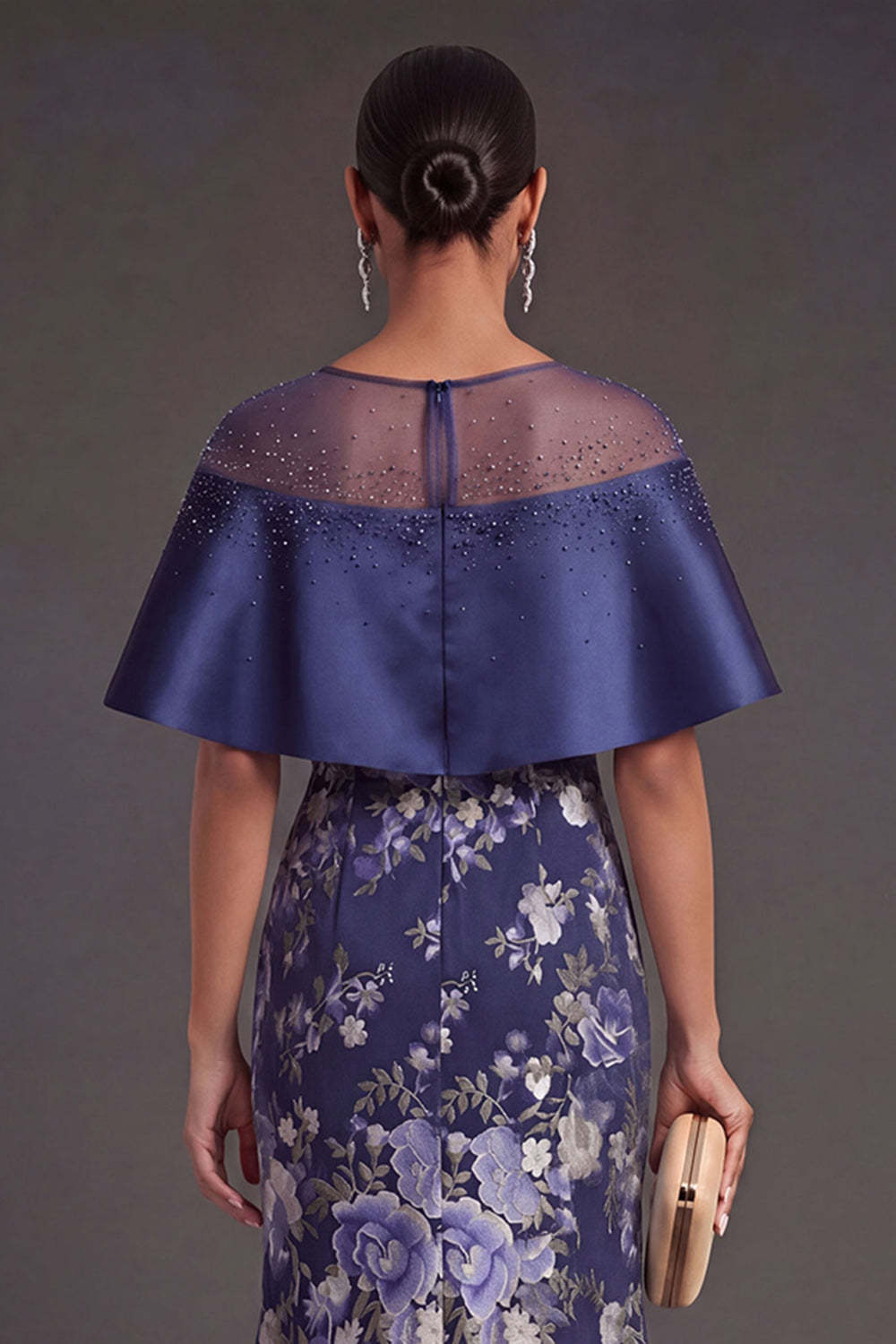 Floral Navy Mermaid Illusion Neck Long Formal Dress with Slit