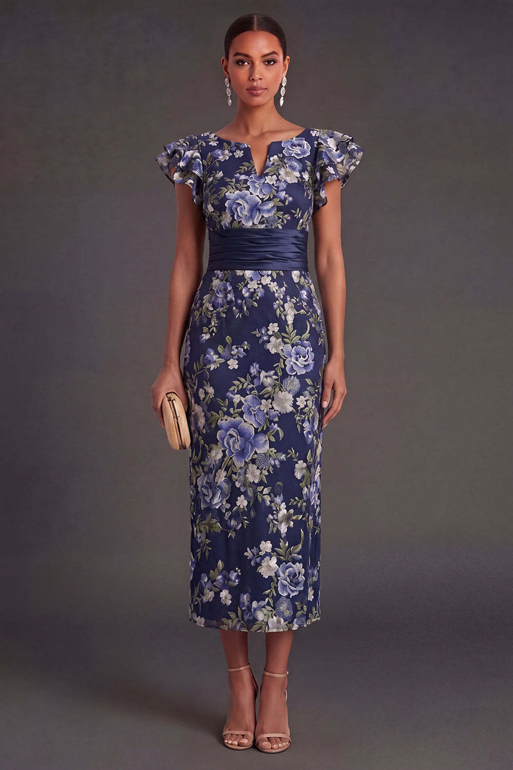 Leely Women Sheath Navy Floral Long Formal Dress Ruffled Sleeveless Backless Evening Dress