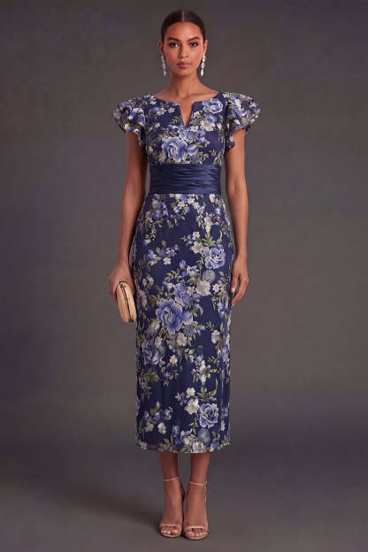 Leely Women Sheath Navy Floral Long Formal Dress Ruffled Sleeveless Backless Evening Dress