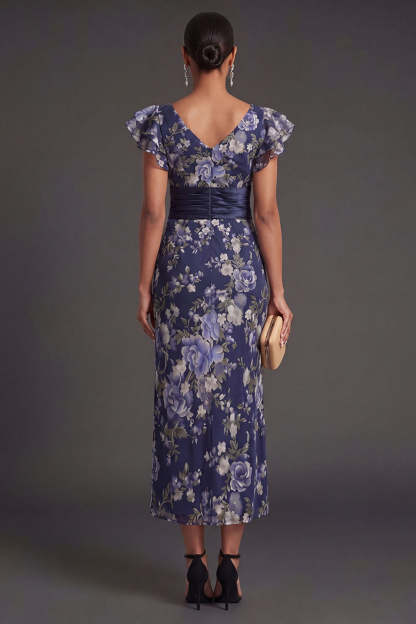 Sheath Navy Floral Ruffled Long Formal Dress