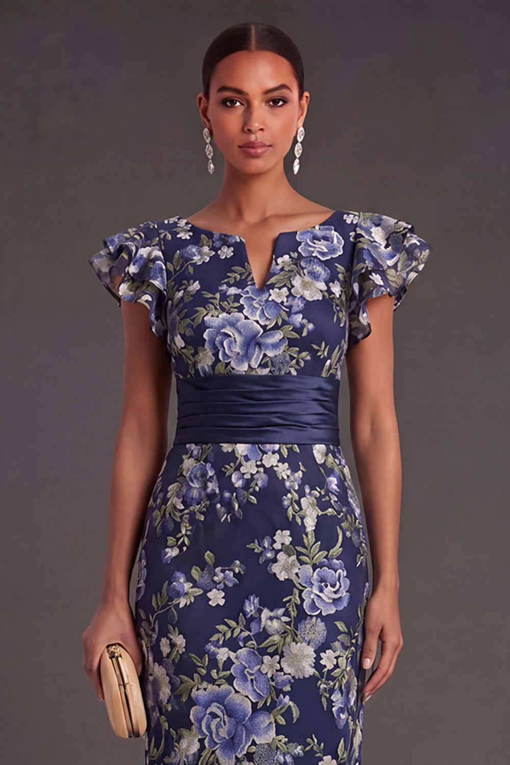 Sheath Navy Floral Ruffled Long Formal Dress