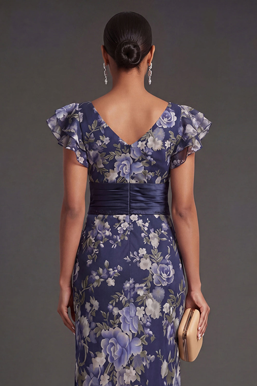 Sheath Navy Floral Ruffled Long Formal Dress