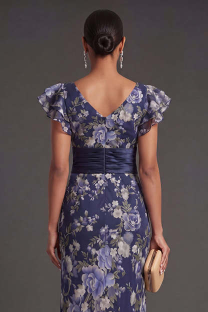 Sheath Navy Floral Ruffled Long Formal Dress