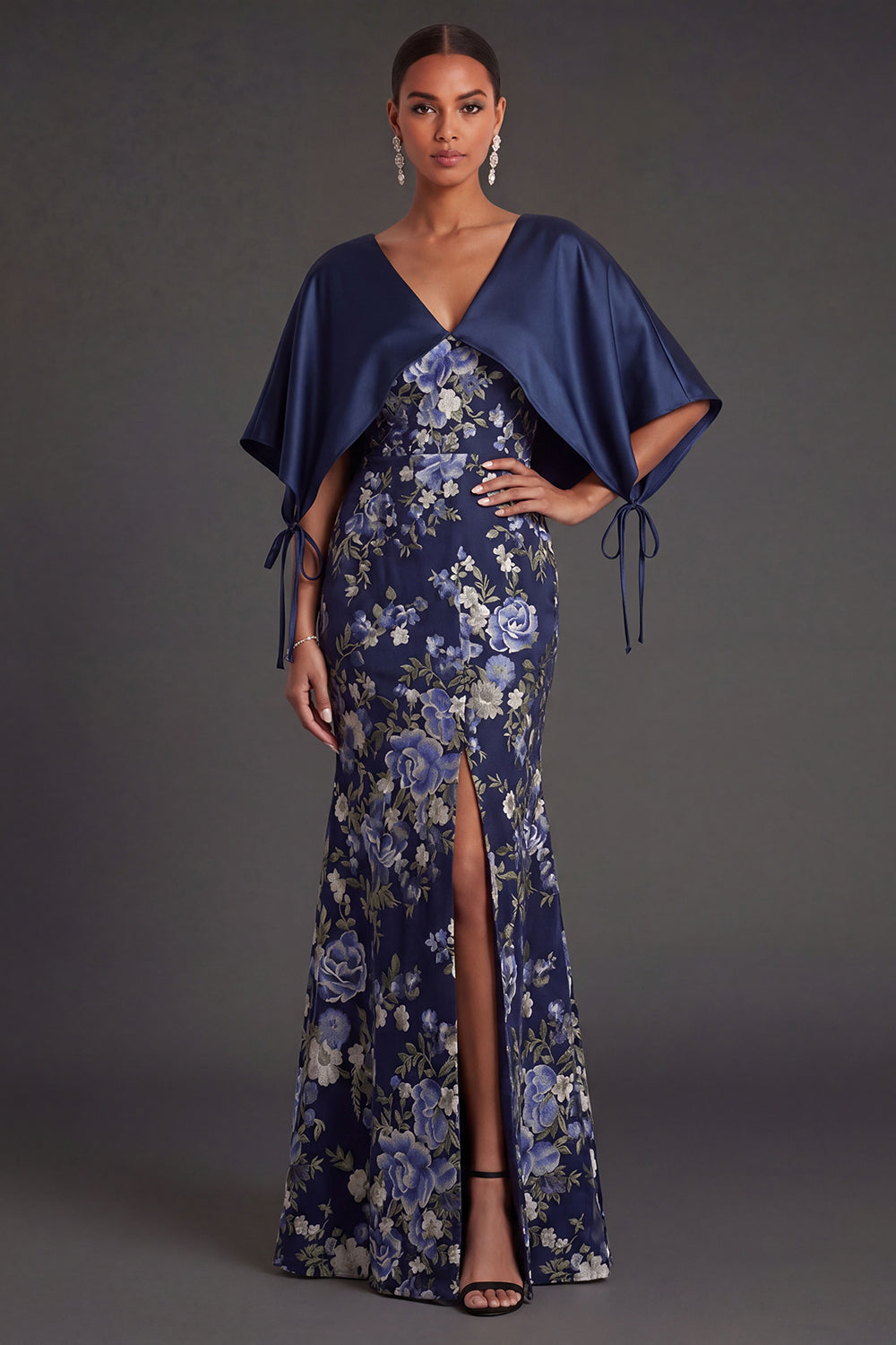 Mermaid Navy Floral Long Formal Dress with Cape