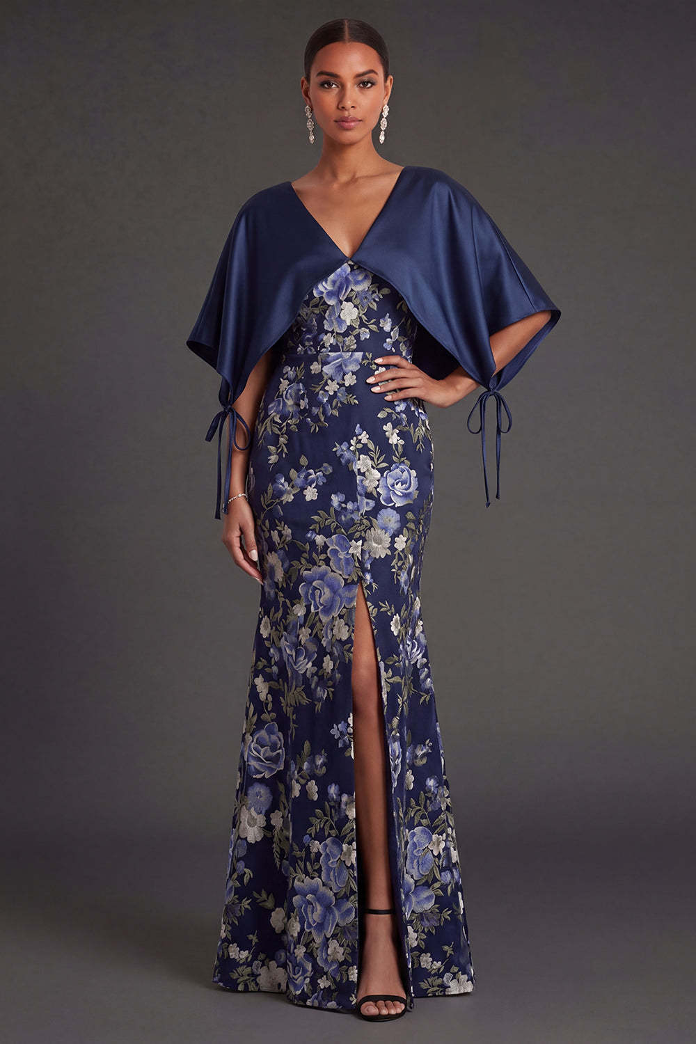 Leely Women Mermaid Navy Floral Long Formal Dress with Cape V Neck Sleeveless Wedding Guest Dress with Slit