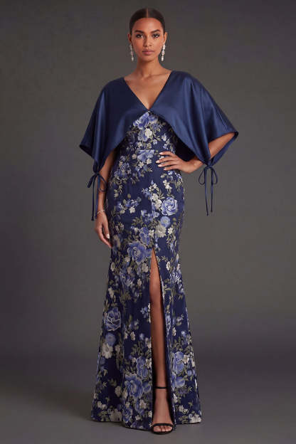 Leely Women Mermaid Navy Floral Long Formal Dress with Cape V Neck Sleeveless Wedding Guest Dress with Slit
