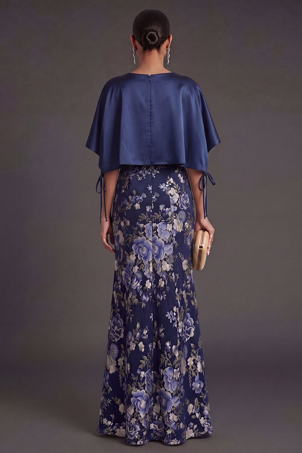Mermaid Navy Floral Long Formal Dress with Cape