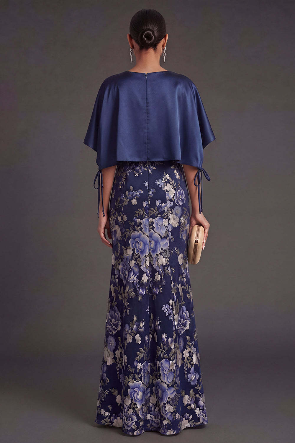 Mermaid Navy Floral Long Formal Dress with Cape