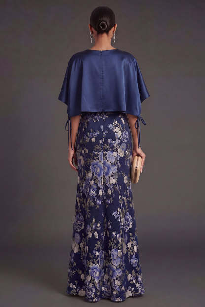 Mermaid Navy Floral Long Formal Dress with Cape