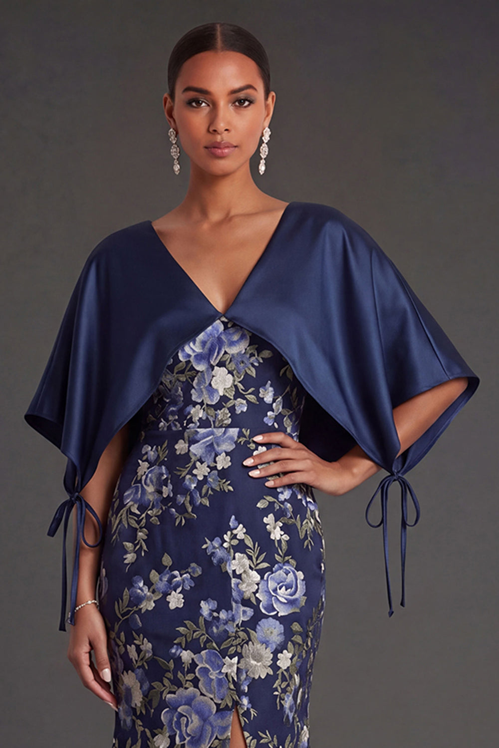 Mermaid Navy Floral Long Formal Dress with Cape