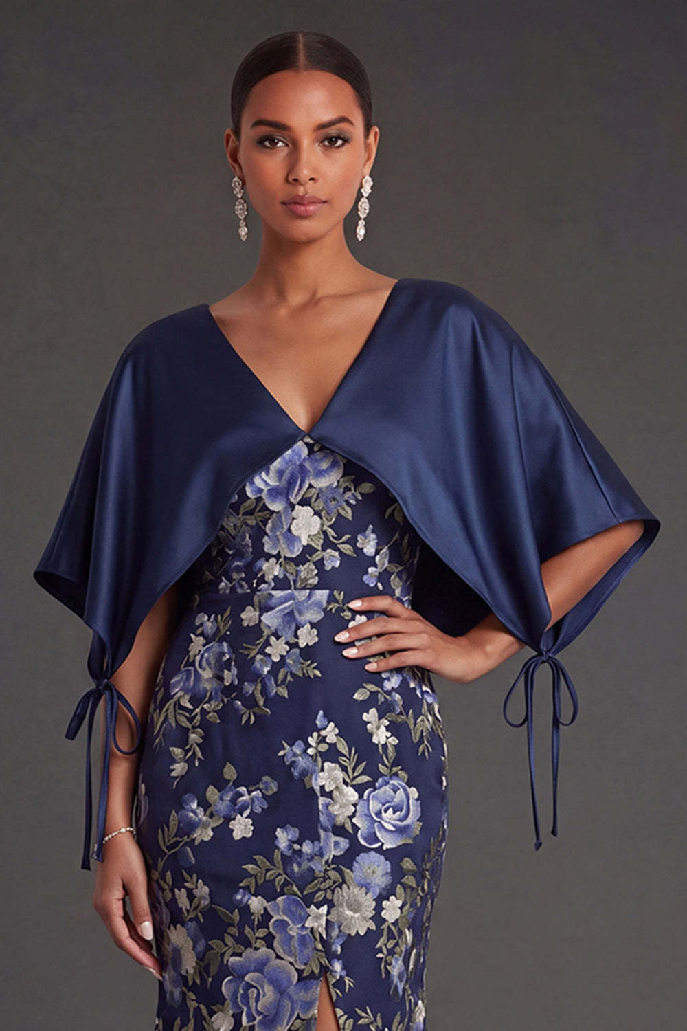 Mermaid Navy Floral Long Formal Dress with Cape