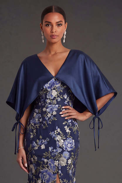 Mermaid Navy Floral Long Formal Dress with Cape