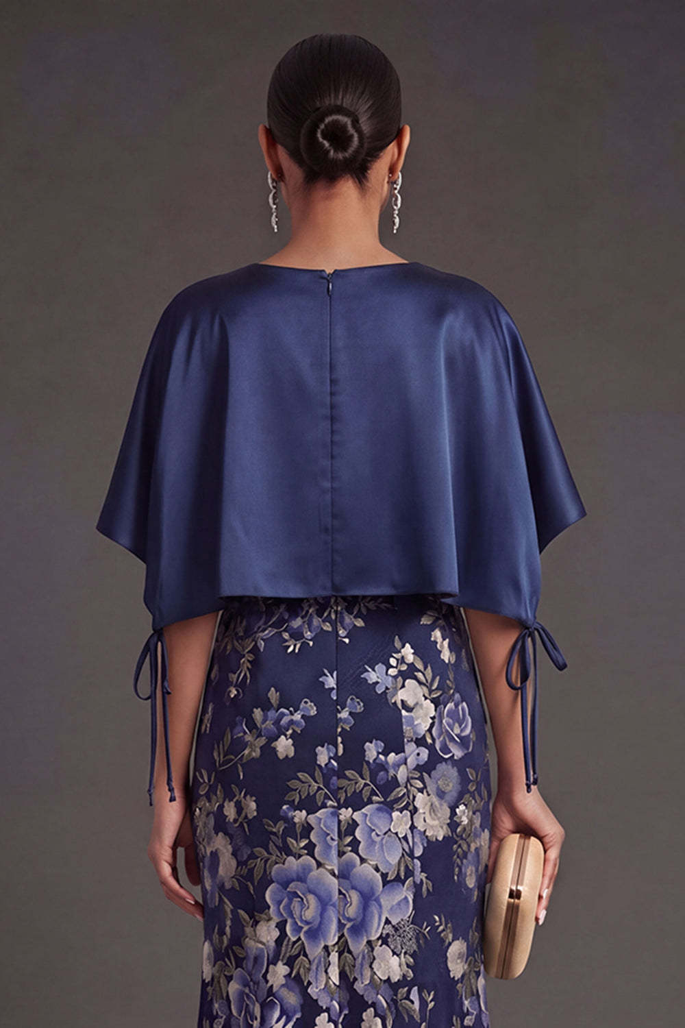 Mermaid Navy Floral Long Formal Dress with Cape