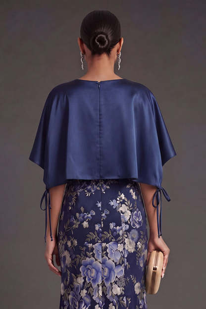 Mermaid Navy Floral Long Formal Dress with Cape