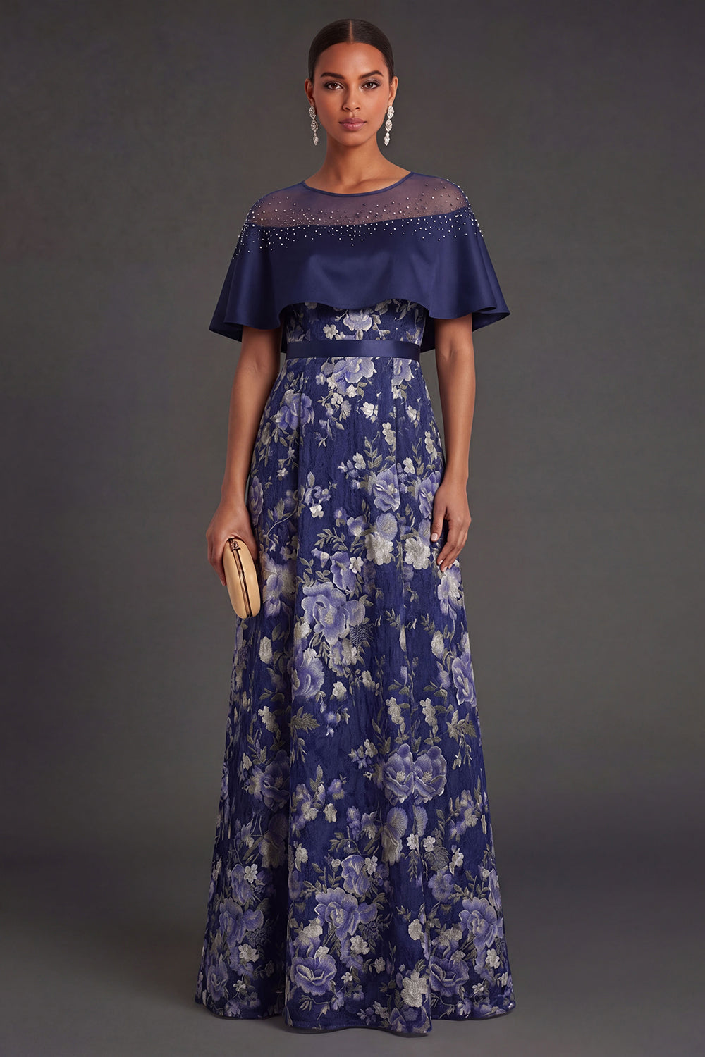 A Line Floral Navy Illusion Neck Long Formal Dress